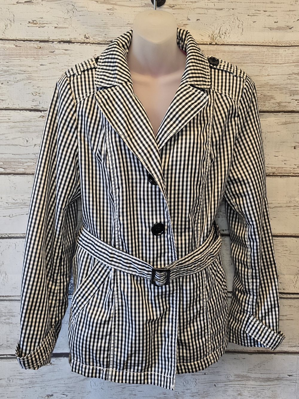 Esprit Vintage Black and White Gingham Belted Pea Coat Size Large